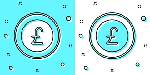 Black line Coin money with pound sterling symbol icon isolated on green and white background. Banking currency sign. Cash symbol. Random dynamic shapes. Vector.