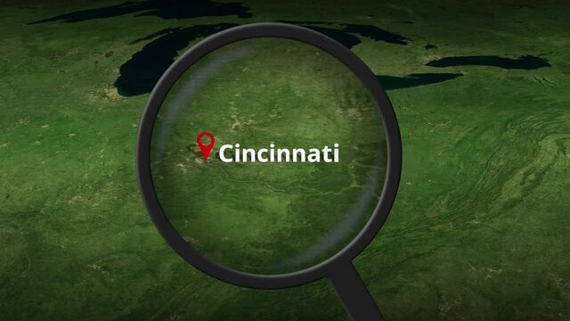 Magnifying glass finds Cincinnati city on the map, 3d rendering