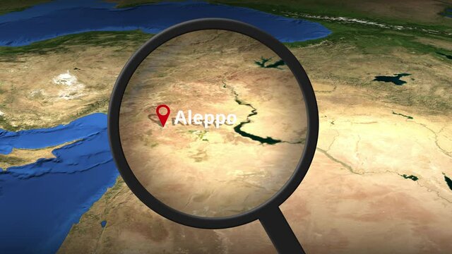 Loupe finds Aleppo city on the map, 3d rendering