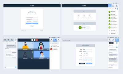 Web pages design template of video calling. Vector illustration concept of login, contact, video meeting, scheduling, chat and message pages, for website and app development. 