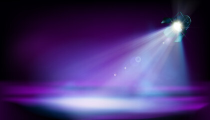 Stage illuminated by theatrical spotlight during the show. Purple background. Place for the exhibition. Vector illustration.