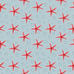 watercolor seamless pattern with sea stars on a blue background