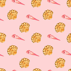 watercolor seamless pattern with exotic seashells