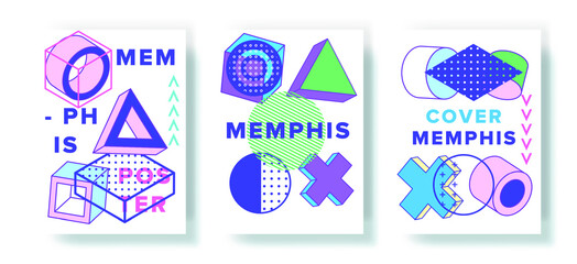 Abstract geometric posters in neo-memphis retro style. Minimalistic trendy covers for music or fashion event.