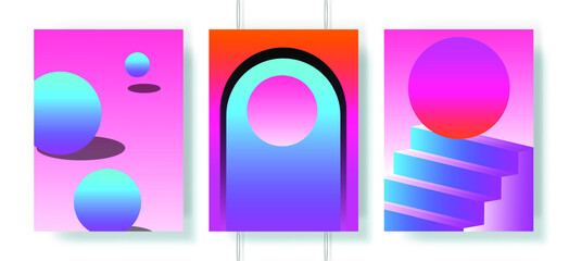 Retrowave and synthwave style posters for music event. Set of vector cover templates with surreal geometric composition in neon vibrant colors.