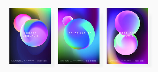 Set of modern abstract minimal posters with gradient circles on blurry holographic background. Cosmic trendy covers.