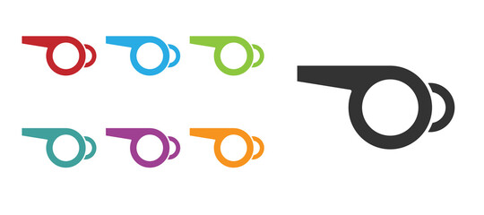 Black Whistle icon isolated on white background. Referee symbol. Fitness and sport sign. Set icons colorful. Vector.