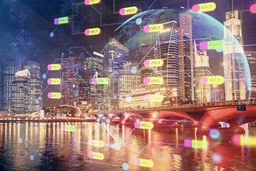 Plakat Data theme hologram drawing on city view with skyscrapers background multi exposure. Ai concept.