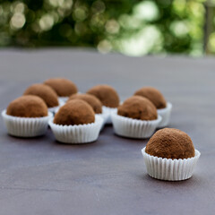 Homemade chocolates, truffle candies. Homemade sweet chocolate truffles.