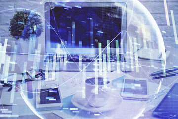 Double exposure of business theme icons and work space with computer background. Concept of success.