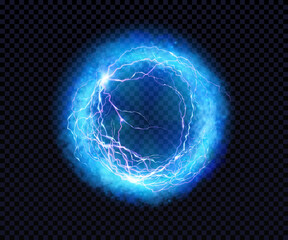 Electric ball. Lightning circle. Thunderbolt. Vector electric discharge effect. The light sphere in blue and purple colors isolated on a black background. Flash, plasma ball, energy or portal. Vector - obrazy, fototapety, plakaty