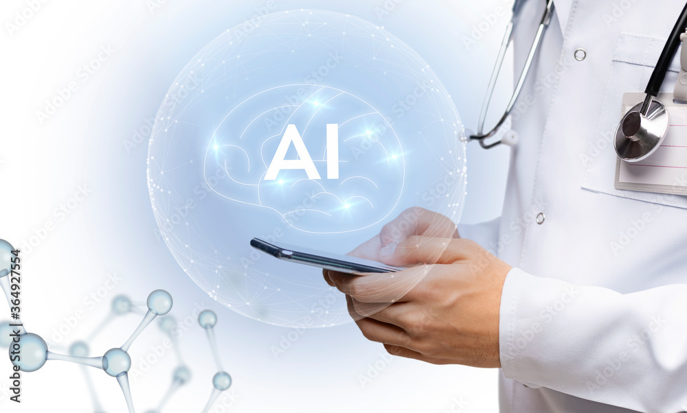 Poster doctor using mobile phone with brain projection above