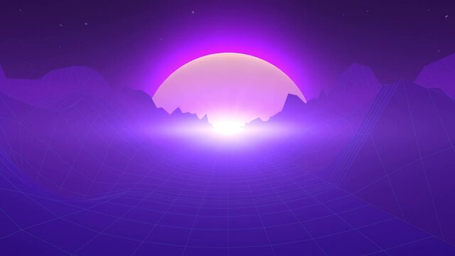 80s retro background loop animation. Retrowave horizon landscape with neon lights and low poly terrain. Perfect for background, vdj. Looped animation.