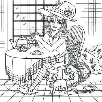 Halloween. Witch With Long Hair In A Big Hat Drinks A Cup Of Tea In The Cafe. Hand Drawn Illustration For Coloring Book, Print. Vector Line Art. Costume.