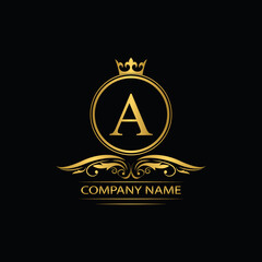 Golden letter A template logo Luxury letter with crown. Monogram alphabet . Beautiful royal initials letter.	
