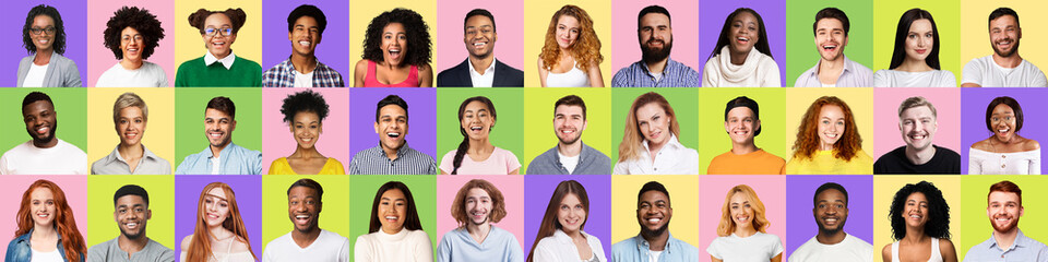 Set Of People Faces Smiling And Laughing On Colorful Backgrounds