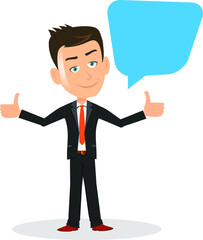Person showing you double thumbs up about your success story with a great confidence smile and a speech bubble blank empty template