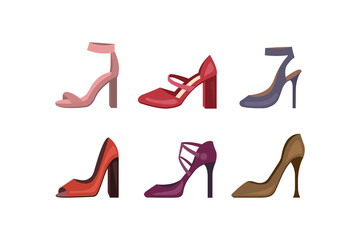 Different colorful women shoes set. High heels stiletto womens shoe collection. Fashion footwear for girls.