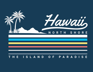 Vintage Hawaii theme text with palms, waves and birds vector illustrations. For t-shirt prints and other uses.