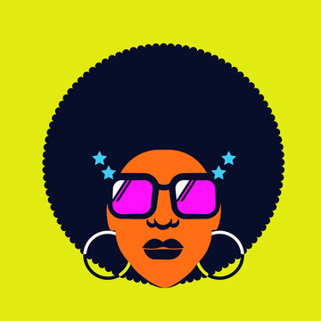 Retro Disco Woman 70s Hairstyle. Vector Bright Color Silhouette Portrait Woman With Retro Sunglasses Isolated On White