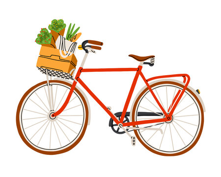 Red bicycle with flowers and groceries in a basket, vector illustration