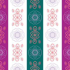 Vector teal, pink, white striped folk art seamless pattern background. Modern geometric backdrop with wide stripes and abstract floral shapes decorations. Stylized design. All over print for wellness