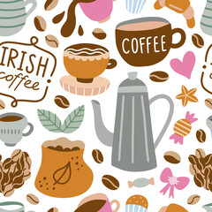 Seamless coffee pattern. Vector background coffee theme. Cute coffee digital paper