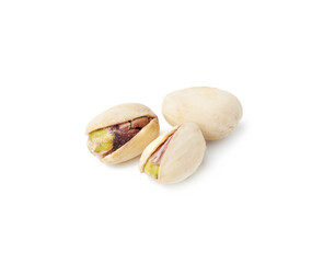 salted open inshell pistachios isolated on a white background, tasty and healthy snack