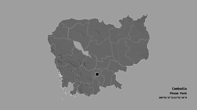 K&acirc;mp&ocirc;t, province of Cambodia, with its capital, localized, outlined and zoomed with informative overlays on a bilevel map in the Stereographic projection. Animation 3D