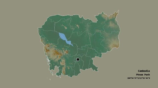 K&acirc;mp&ocirc;t, province of Cambodia, with its capital, localized, outlined and zoomed with informative overlays on a relief map in the Stereographic projection. Animation 3D