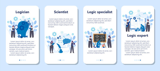 Logician mobile application banner set. Scientist systematicly study