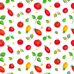 Watercolor handmade pattern with summer vegetables tomatoes and leaves.White background.