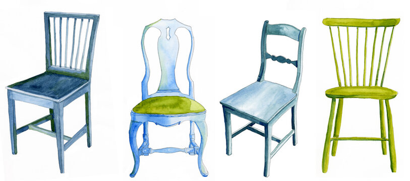 Green and blue wooden chairs painted in watercolour