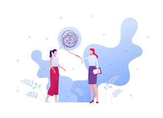 Psychology, emotion and psychotherapy concept. Vector flat person illustration. Woman patient character with tangled thread talk bubble and female psychologist standing. Design for banner, web.