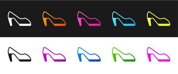 Set Woman shoe with high heel icon isolated on black and white background. Vector.