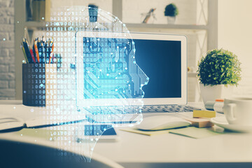 Double exposure of work space with computer and human brain drawing hologram. Brainstorm concept.