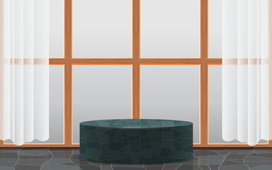 marble podium with wooden windows in the white room