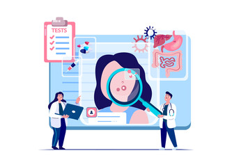 Dermatologist Doctor Council Consultate Patient,Acne,Rash Pimples Research.Online Medical Hospital.Internet Online Diagnostic Dermatology.Skin Desease,Post-Acne, Allergy,Treatment. Vector Illustration