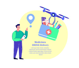 Drone Delivery.Man Receive Contactless Delivery Parcel.First Aid Kit,Remotely Piloted Flying Aircraft.Medicament,Drugs,Remedy.Consumption Online. Home Shop. Buy,Receive Parcel.Flat Vector Illustration