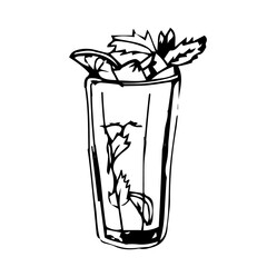 Sketch of a glass glass with lemonade. Cocktail sketch with ice, mint, lemon.