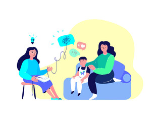 Psychotherapy Practice,Psychiatrist Consultation.Psychologist Session.Child Kid Psychotherapy.Worried Mother Maintain,Support Disappointed Depressed Son Boy. Stress Adolescent.Flat Vector Illustration