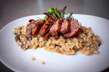 Roasted duck breast on mushroom risotto on white plate.