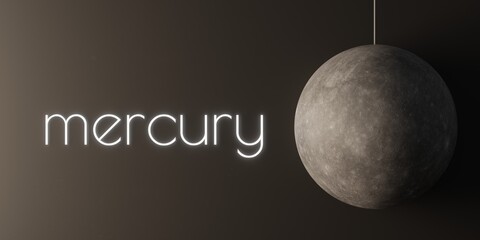 A cartoonish model of planet Mercury with text "Mercury" next to it. A 3d render.