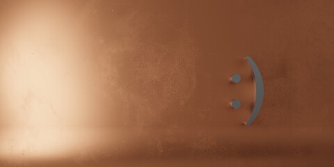 A smiling emote on a metallic, copper like bacground 3d illustration.