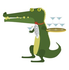 cartoon alligator holding a tray of cocktail