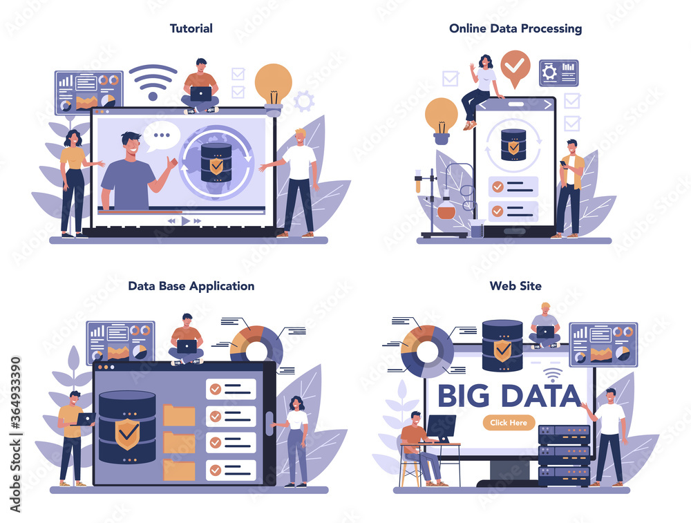 Sticker big data online service or platform set. modern computer technology