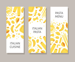Vector illustration set of different types of pasta. Hand drawn traditional food in cuisine of Italy isolated on white background use for cooking books, restaurant menu, posters, banners, labels