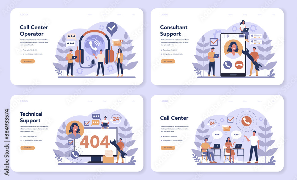 Poster call center or technical support web banner or landing page set.