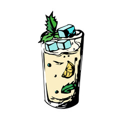 Sketch of a colored glass with lemonade, ice, straw, mint. Sketch of a colored cocktail in a large glass