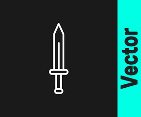 White line Medieval sword icon isolated on black background. Medieval weapon. Vector.